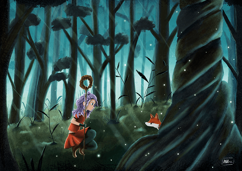 Ilustración infantil propia, acabada en procreate, bosque mágico