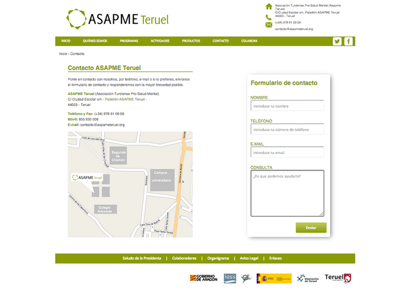 Imagen del formulario de contacto de la página web corporativa de ASAPME Teruel