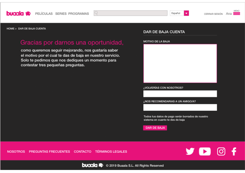 Imagen del formulario para darse de baja del mobile site Buaala