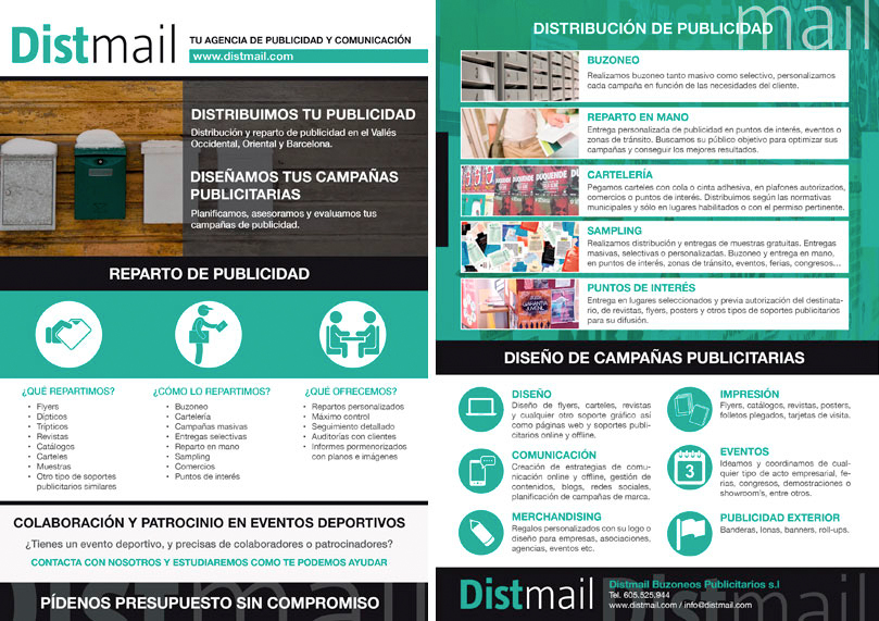 Portada y contraportada del flyer publicitario de Distmail Agencia de Reparto