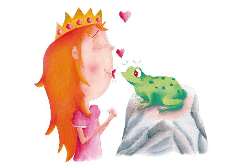 Ilustración infantil propia, acabada en procreate, princesa y la rana