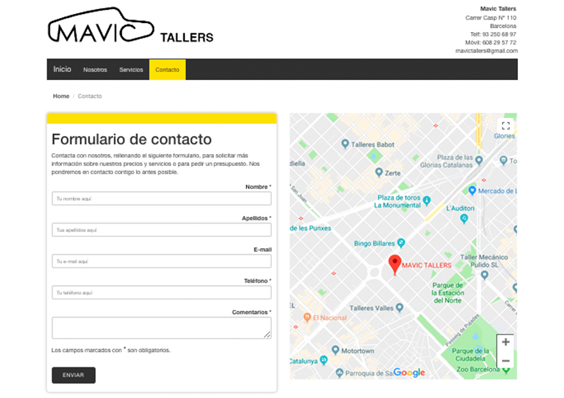 Imagen del formulario de contacto de la página web de Mavic Tallers