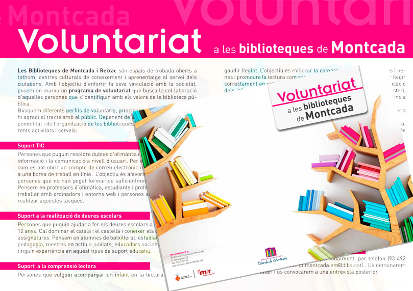 Imagen del díptico sobre el voluntariado de bilbiotecas en 2015 del Ayuntamiento de Montcada i Reixac