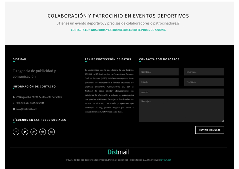 Imagen del footer y el formulario de contacto de la página web de Distmail Agencia de Reparto